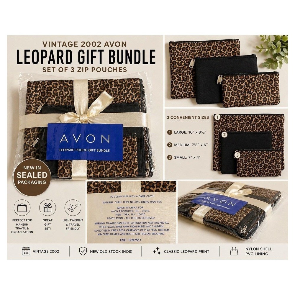 Y2K Leopard Print Makeup Bag Set 3pc Avon 2002 Sealed Cosmetic Travel Pouch